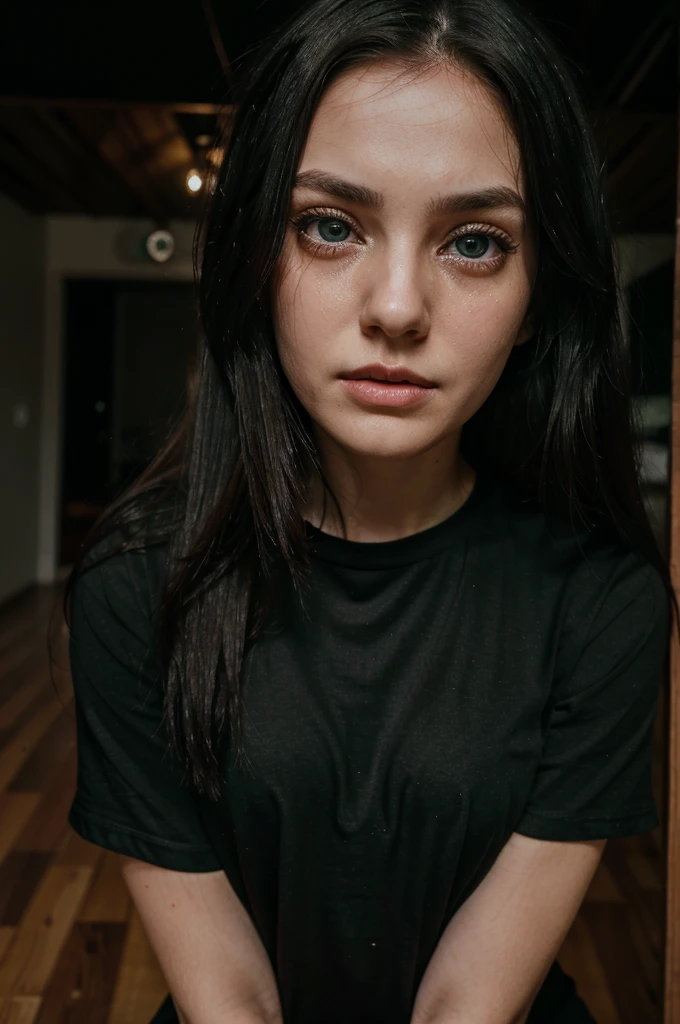 A black-haired girl a little messy her black hair, crying eyes, teary green eyes, tirada en el wooden floor, wooden floor, fine facines, large eyes, green look, scary face, his body covered by a black shirt, wearing a black shirt, in the background a dark room, a night room,pale skin, pale skin, detailed, better quality, tears come out of her green eyes, dark room, dark room, red eyes, pink cheeks, Long straight hair