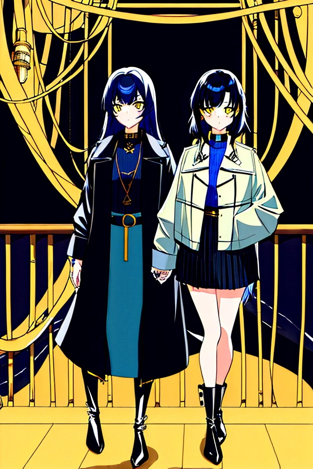 2girls, twins, short wavy navy blue hair, golden yellow glowing eyes, wearing black tube top, navy blue trench coat, navy blue long denim skirt, golden boots, sleeve tattoo, river, absurdres, high res, ultra sharp, 8k, masterpiece, looking at viewer