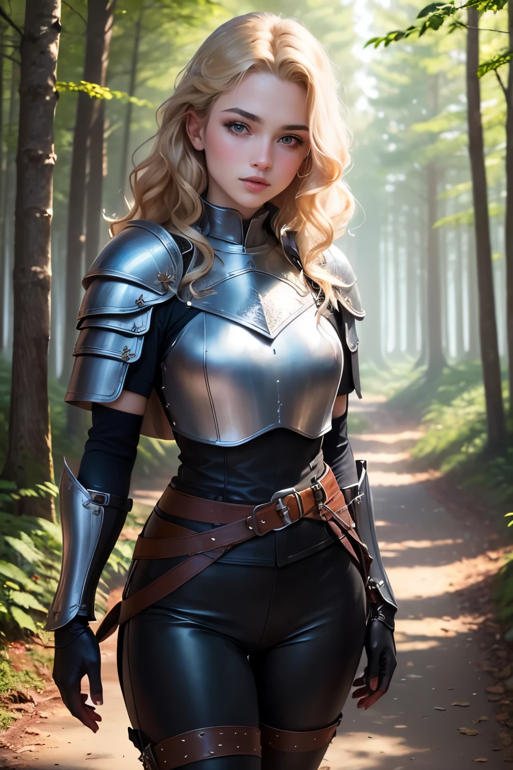 ((best quality)), ((masterpiece)), (detailed), Prize-winning works, with incredible details, maximum textures and details, uhd ,super resolution , 1 portrait of an adventurous blonde warrior fantasy girl ,beautiful face, standing on a path in a magical forest, developing hair, wavy, wearing medieval black armor ,black gauntlets and gloves,black breastplate,black pants, black belts ,cape black ,fully body (15 year old young man :1.1,detailedeyes, face detailed, whole body:1.1,the background is a forest ),(best qualityer:1.2,ultra detali:1.1,realisitic:1.37) ,eyeshadows,sharp focus,swirly vibrant colors,), (twilight), 8K
