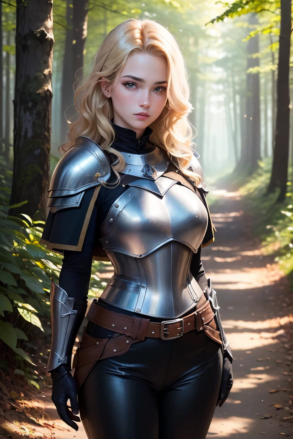 ((best quality)), ((masterpiece)), (detailed), Prize-winning works, with incredible details, maximum textures and details, uhd ,super resolution , 1 portrait of an adventurous blonde warrior fantasy girl ,beautiful  face, standing on a path in a magical forest, developing hair, wavy, wearing medieval black armor  ,black gauntlets and gloves,black breastplate,black pants, black belts ,cape black ,fully body (15 year old young man :1.1,detailedeyes, face detailed, whole body:1.1,the background is a forest ),(best qualityer:1.2,ultra detali:1.1,realisitic:1.37) ,eyeshadows,sharp focus,swirly vibrant colors,), (twilight), 8K