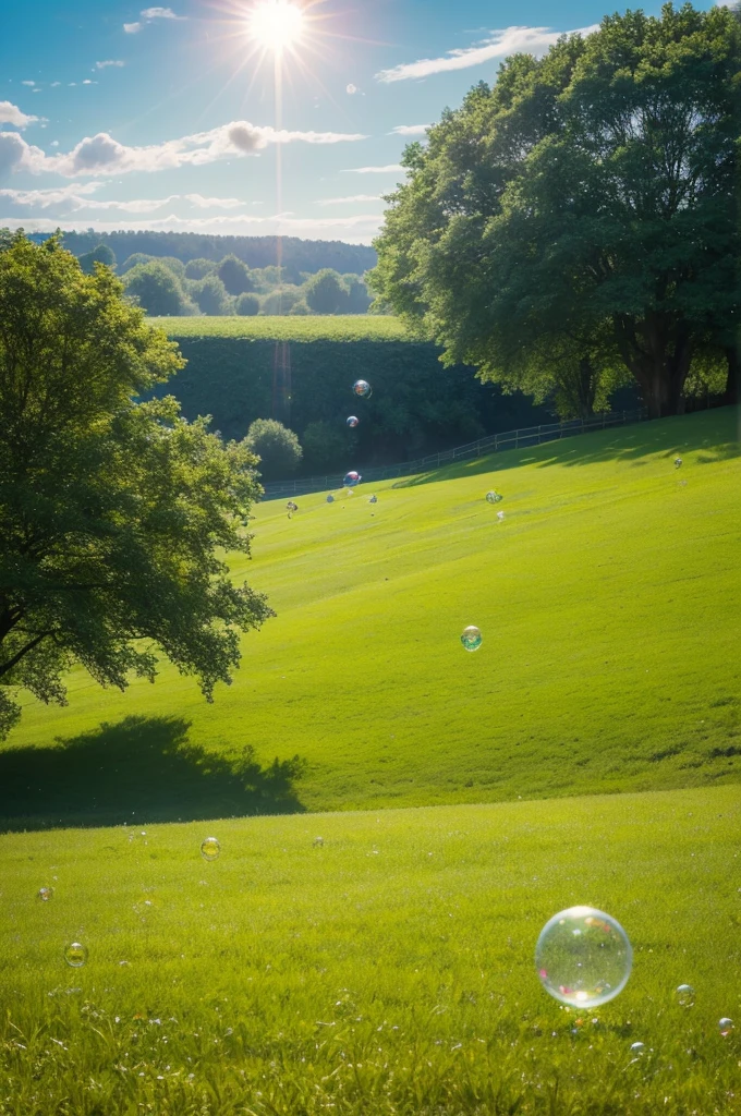Landscape of a green field,cleaned up,few, Soap bubbles floating and the sun shining
