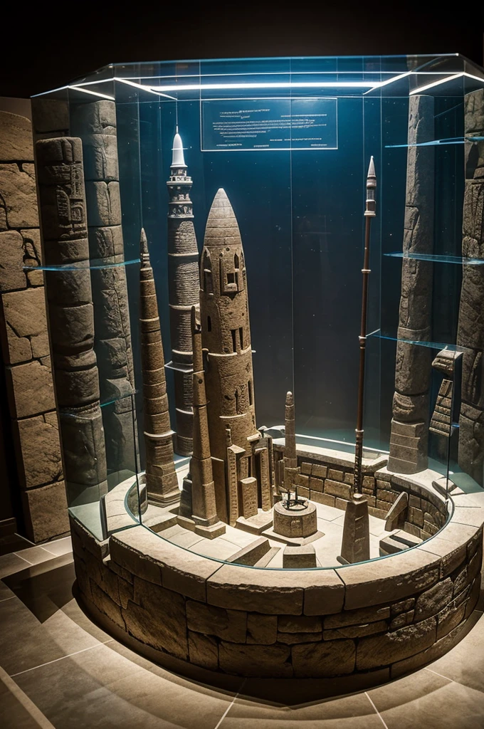In a vast museum hall, stone walls are adorned with murals depicting everything from prehistory to the space age. In the center, a glass display case protects ancient artifacts: a carved stone tool, a worn parchment with hieroglyphic inscriptions, a medieval sword with a still gleaming blade, and a small model of a rocket symbolizing space exploration. Throughout the room, holograms project images of lost civilizations, industrial revolutions, and pivotal moments such as the fall of walls and the signing of peace treaties