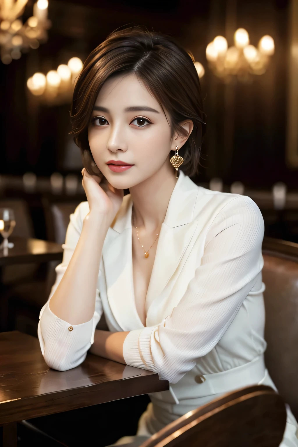 masterpiece, Highest quality, Realistic, Very detailed, Finer details, High resolution, 8k wallpaper, One beautiful woman, Wear a nice suit, In a great restaurant, At night, Light brown unkempt short hair, Perfect dynamic composition, Beautiful and beautiful eyes、Big earrings、Sit on a chair、