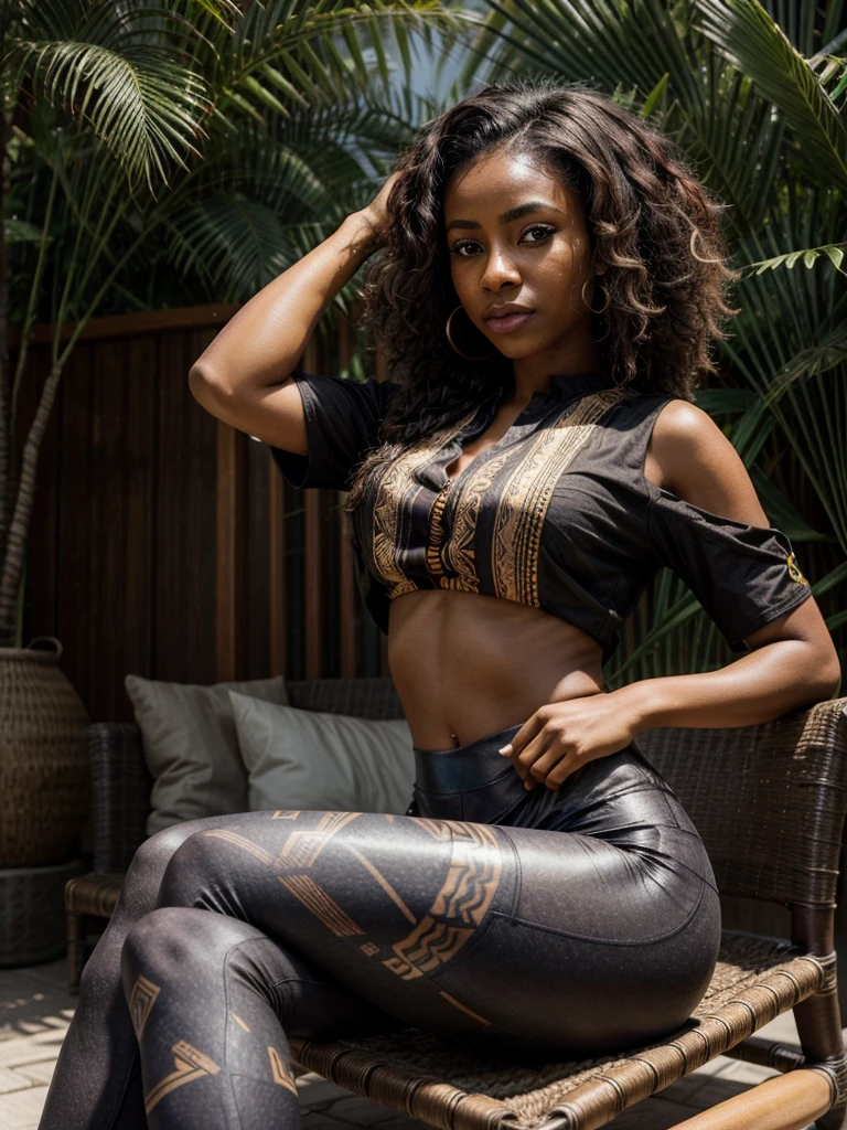 [[((young attractive Nigerian woman with medium-dark skin, distinctive curly dark hair with subtle highlights, sun-kissed glow, striking hazel eyes, and subtle tribal tattoos:1.5)), ((Amara Johnson:1.4)), sitting calmly in a modern urban wellness center. Amara is wearing ((a chic, culturally inspired blouse and leggings:1.6)), sitting with a spiritual and confident expression. The background features sleek furniture, indoor plants, and large windows letting in natural light. The scene is captured with a ((digital SLR:1.3)) using a ((50mm prime lens:1.3)) for a close-up perspective. Post-production enhances the natural colors, highlighting her unique features and adding a ((soft bokeh effect:1.2)) to the background. The image should be in ((8K resolution:1.2)) with ((hyper-realistic detail:1.4)). The focus is on Amara's unique hair, sun-kissed skin, tribal tattoos, and her stylish wellness attire, showcasing her as a sexy, spiritual, and health-conscious individual with a serene and confident presence.]]
