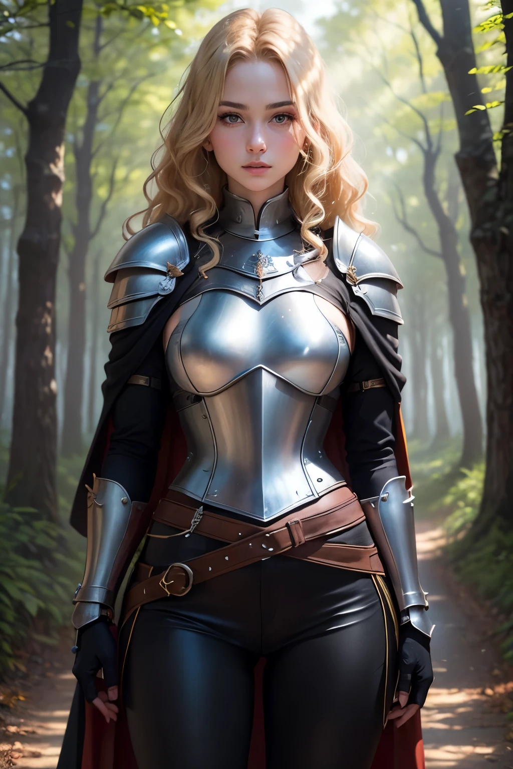 ((best quality)), ((masterpiece)), (detailed), Prize-winning works, with incredible details, maximum textures and details, uhd ,super resolution , 1 portrait of an adventurous blonde warrior fantasy girl ,beautiful  face, standing on a path in a magical forest, developing hair, wavy, wearing medieval black armor  ,black gauntlets and gloves,black breastplate,black pants, black belts ,black long cape ,fully body (15 year old young man :1.1,detailedeyes, face detailed, whole body:1.1,the background is a forest ),(best qualityer:1.2,ultra detali:1.1,realisitic:1.37) ,eyeshadows,sharp focus,swirly vibrant colors,), (twilight), 8K