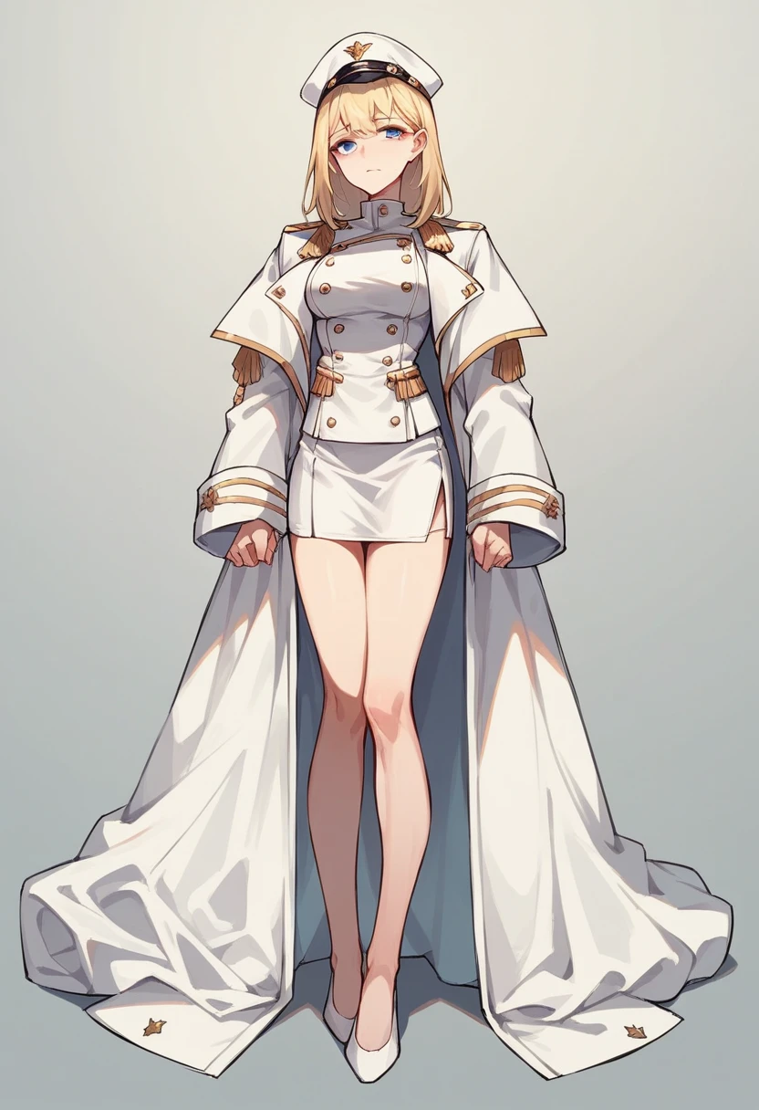 commander anime girl, white commander clothes, very short white skirt, white commander hat, 18 years old, blonde hair, blue eyes, a little shy, full body, 8K