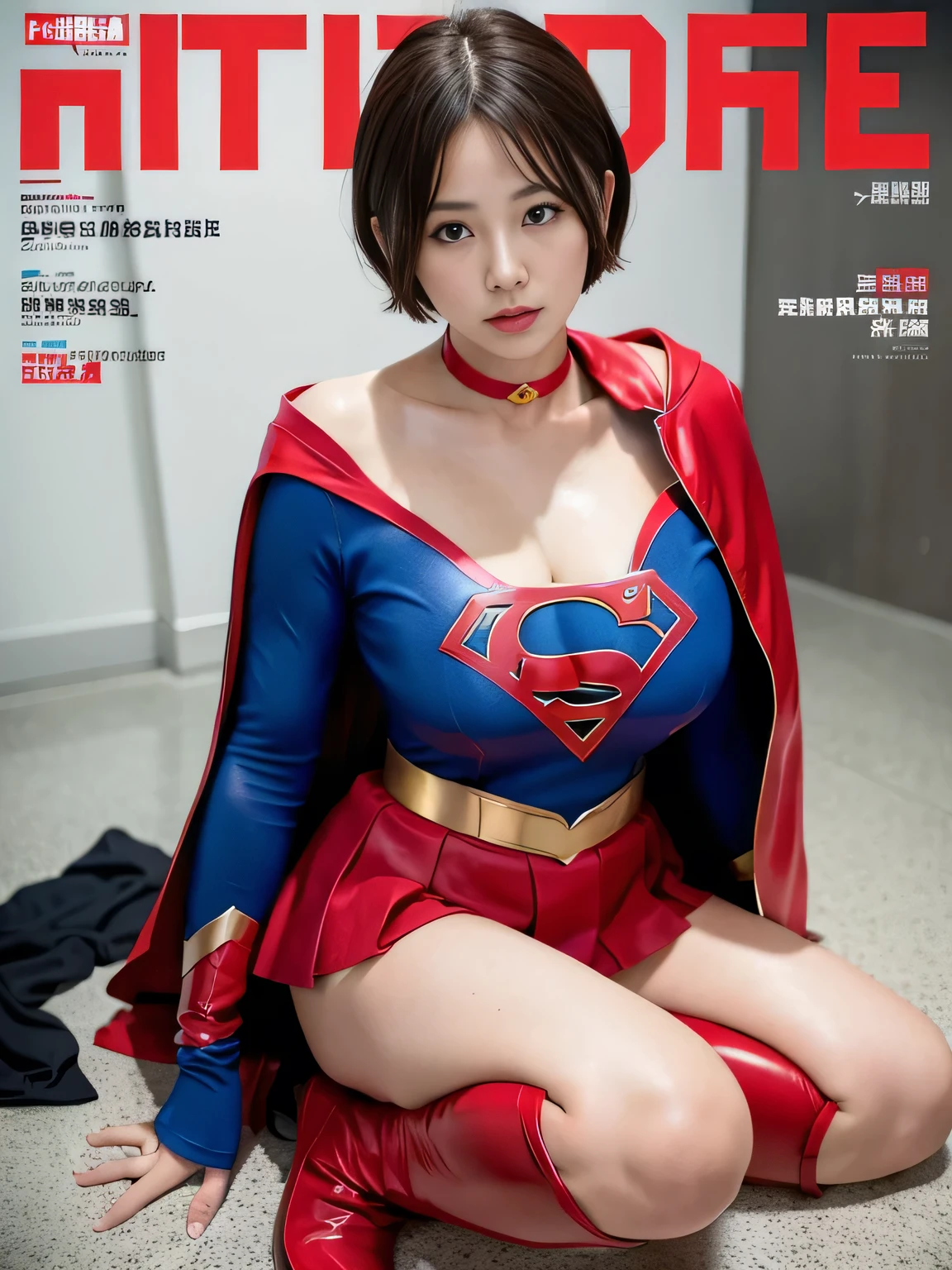 masterpiece、Vinyl Supergirl Costume、short hair、Vinyl Long Boots、Big and ample breasts、looking at the camera、choker、Long sleeve、Off the shoulder、mini skirt、Red cloak、Sweaty skin、Hospital room、Photo magazine cover、Public Image、