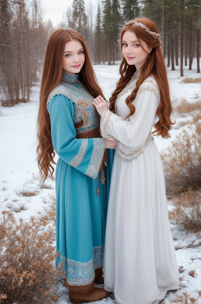 A gorgeous, pretty, shiny, kind-hearted, warm-hearted, sweet, polite, sensitive, friendly, charming, graceful, stylish, classy, alluring, majestic, ethereal, angelical ginger long haired russian woman dressed in traditional folk winter costumes. She's with a little cute girl..