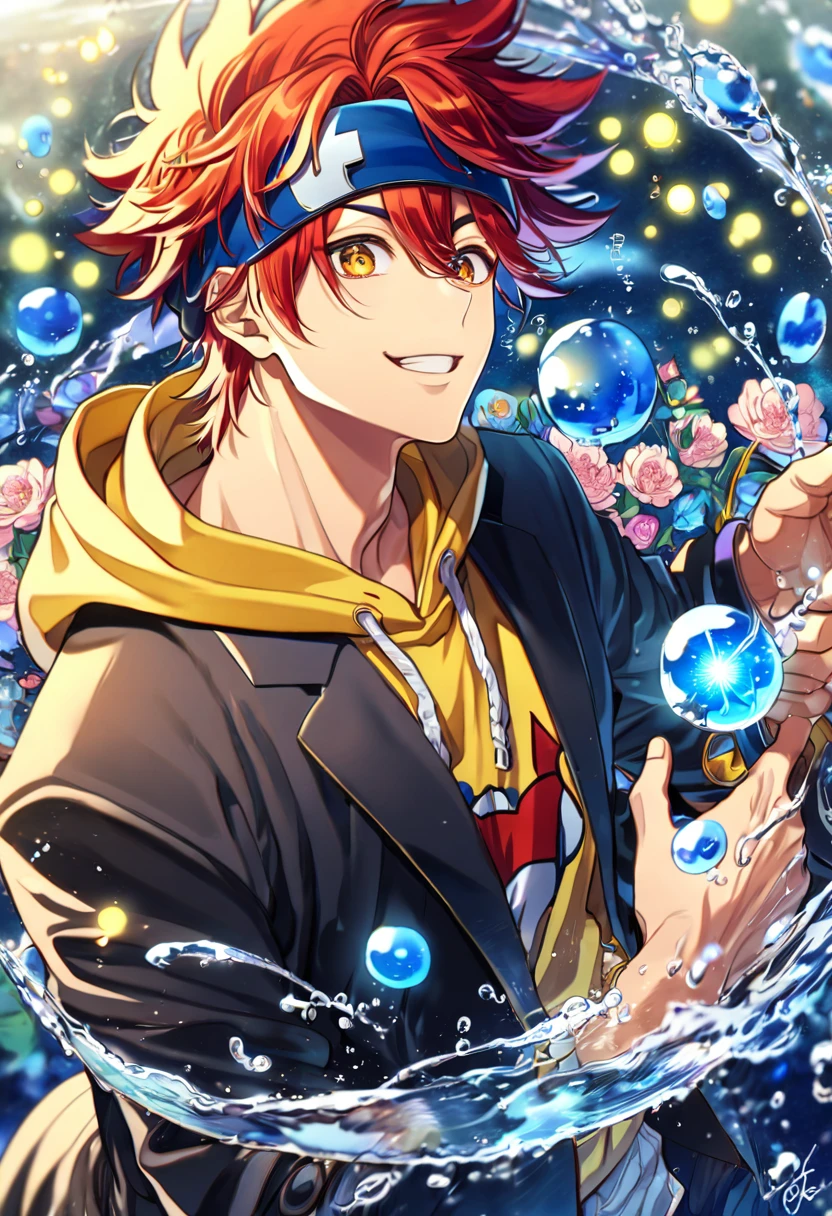 absurdres, highres, ultra detailed, HDR, master piece, Kyan Reki, red hair, expressive amber eyes, yellow hoodie, blue headband, black jacket,SK8 the infinity, sexy man, handsome, best quality, blue moon, flowers, fantasy, magical, solo, water, blue shining fireflies, blue petals, handsome smile