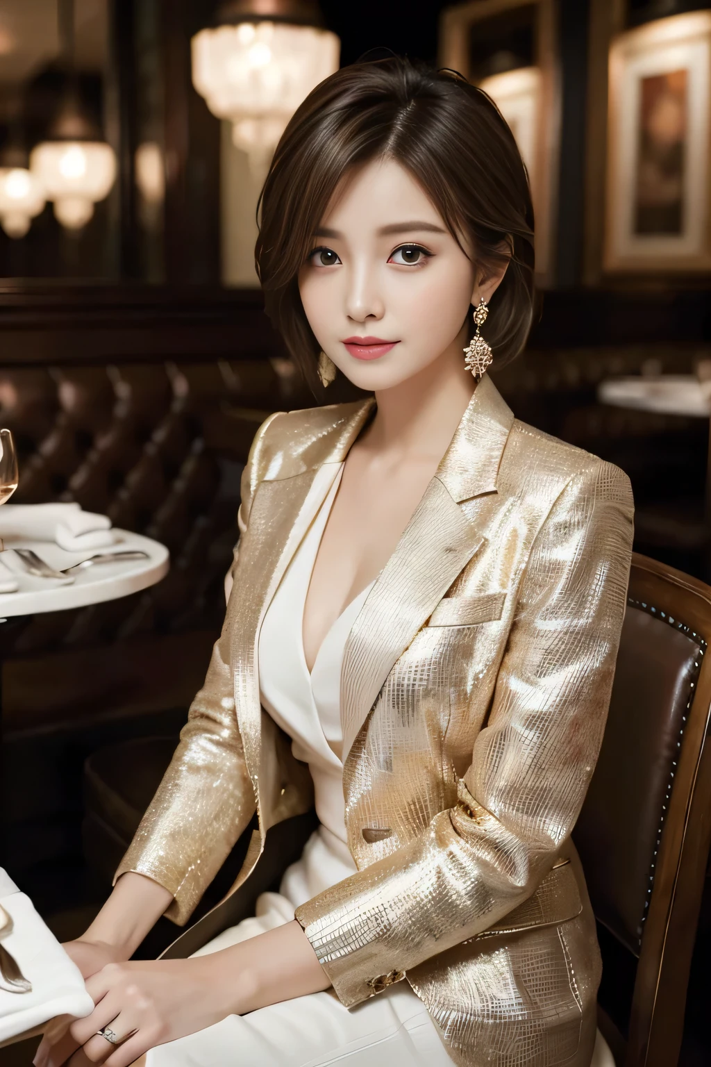 masterpiece, Highest quality, Realistic, Very detailed, Finer details, High resolution, 8k wallpaper, One beautiful woman, Wear a nice suit, In a great restaurant, At night, Light brown unkempt short hair, Perfect dynamic composition, Beautiful and beautiful eyes、Big earrings、Sit on a chair、