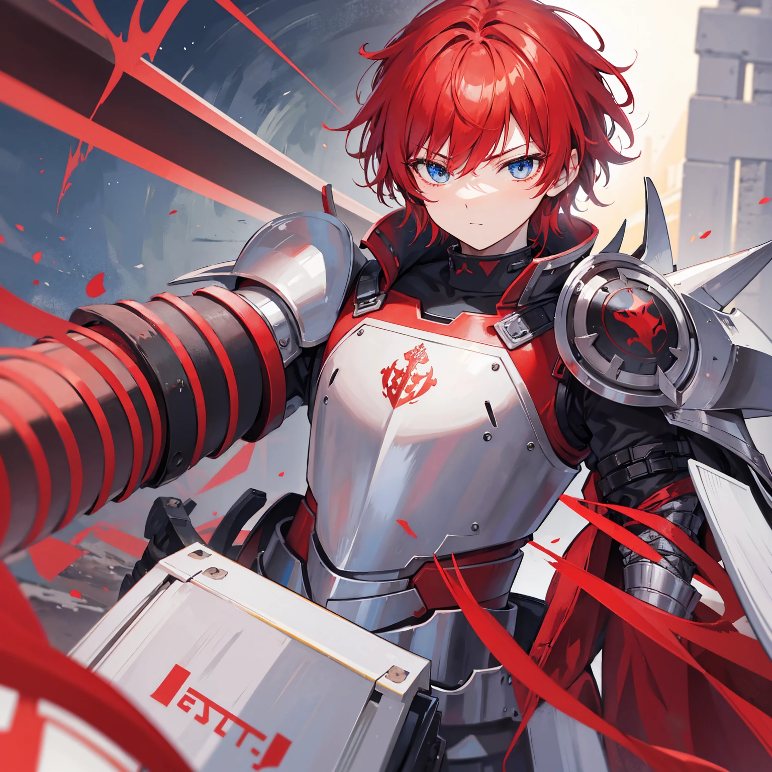 1 knight, Red hair, blue colored eyes, red knight armor, heavy armor, posture would be, 15year old, natta, closed sky, chest armor, focusing da cintura para cima, avoid hands in the image, 1 young boy, focusing.