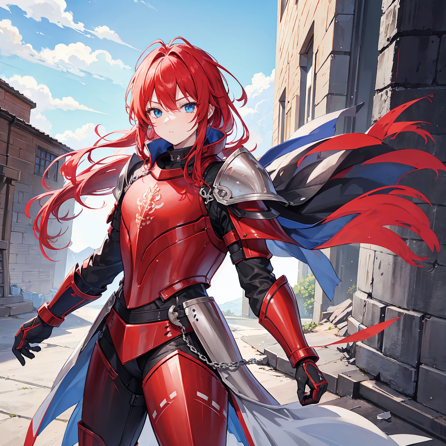 1 knight, Red hair, blue colored eyes, red knight armor, heavy armor, posture would be, 15year old, natta, closed sky, chest armor, focusing da cintura para cima, avoid hands in the image, 1 young boy, focusing.