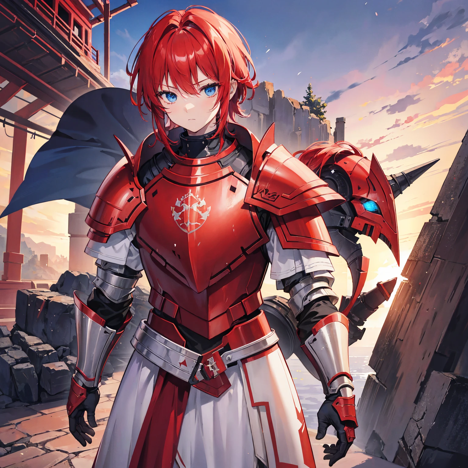 1 knight, Red hair, blue colored eyes, red knight armor, heavy armor, posture would be, 15year old, natta, closed sky, chest armor, focusing da cintura para cima, avoid hands in the image, 1 young boy, focusing.