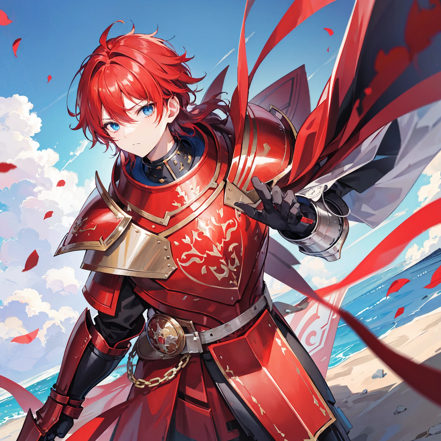 1 knight, Red hair, blue colored eyes, red knight armor, heavy armor, posture would be, 15year old, natta, closed sky, chest armor, focusing da cintura para cima, avoid hands in the image, 1 young boy, focusing.