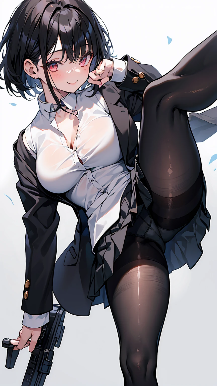 One Girl, Five Fingers, mini skirt, Looking down at the viewer, Black Hairロングヘアー, Highest quality, Focus on the thighs, Dynamic pose, smile, blazer, blouse, Black Pantyhose, panties under pantyhose, Standing Split, classroom, Black Hair, Stylish pose,My thighs and groin are steamy 