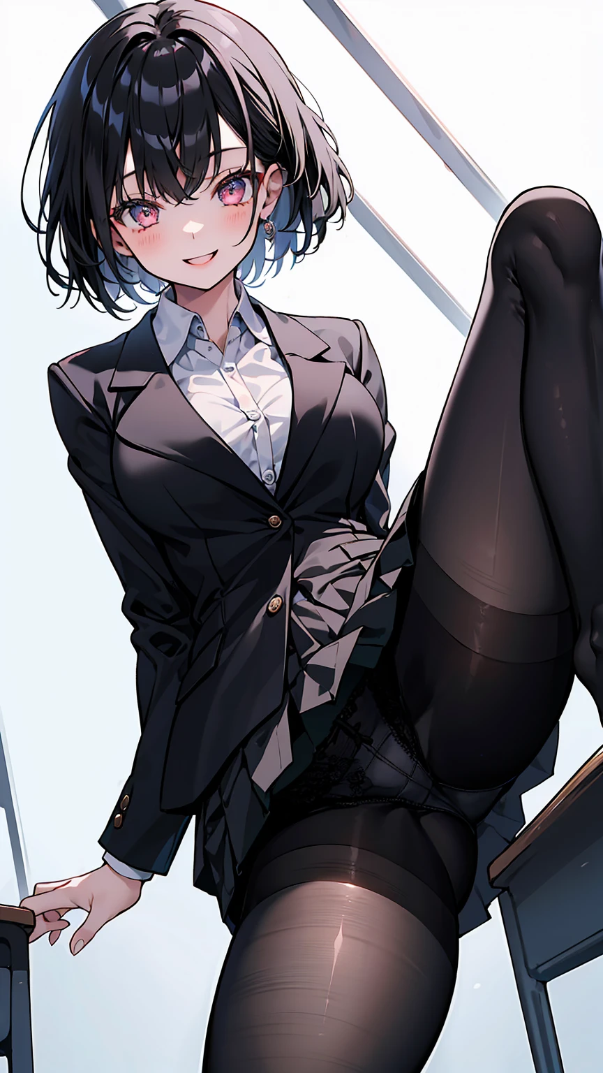 One Girl, Five Fingers, mini skirt, Looking down at the viewer, Black Hairロングヘアー, Highest quality, Focus on the thighs, Dynamic pose, smile, blazer, blouse, Black Pantyhose, panties under pantyhose, Standing Split, classroom, Black Hair, Stylish pose,My thighs and groin are steamy 