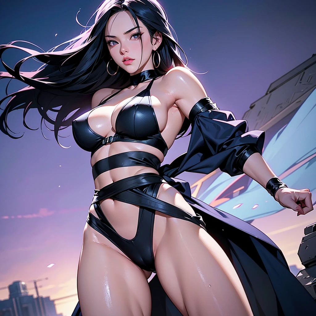 Create a highly detailed image of Psylocke from Marvel Comics, featuring her toned, bodybuilding body. She is wearing a black swimsuit and has a long purple sash tied around her waist. Its arms and legs have black bands. The scene should portray her in a dynamic pose, showing off her muscular, athletic physique. The background should be subtle but suggest a futuristic or mystical setting, ensuring the focus remains on Psylocke. Use vibrant colors and sharp details to reflect the Marvel Comics style.