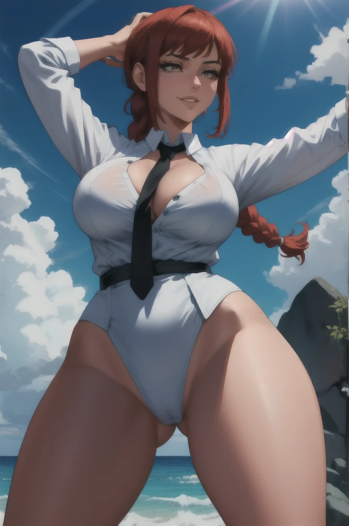 1 girl, standing alone, Grinning, breasts big, average ass, hands, braided ponytail, surrounded eyes, black necktie, spreading your legs open, arms raised to the back, May, facing the front, at beach, cinematic lighting, detailded, 4K, uhd.