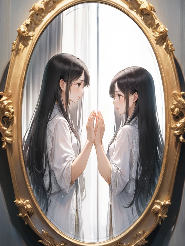 (masterpiece)、(Highest quality:1.1)、(Ultra HD:1.1)、A woman with long hair looking at herself from inside a mirror and another woman looking at the mirror from outside、They are looking at each other and holding out their hands、Through the mirror2One World、