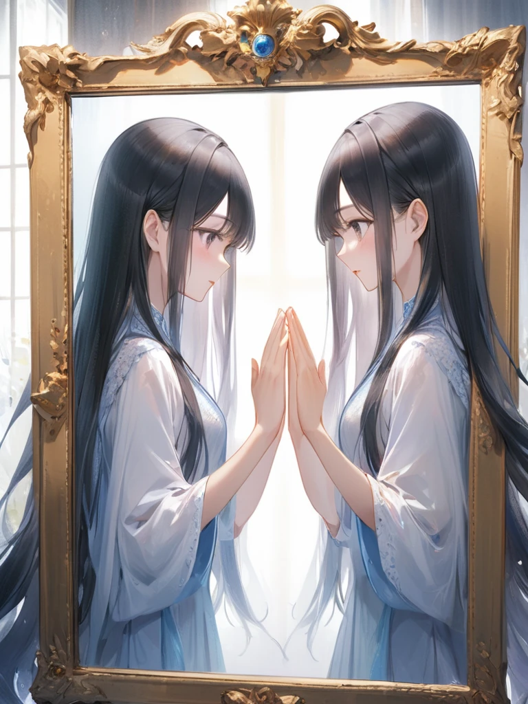 (masterpiece)、(Highest quality:1.1)、(Ultra HD:1.1)、A woman with long hair looking at herself from inside a mirror and another woman looking at the mirror from outside、They are looking at each other and holding out their hands、Through the mirror2One World、