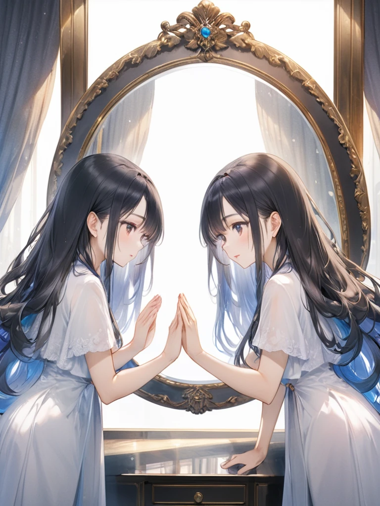 (masterpiece)、(Highest quality:1.1)、(Ultra HD:1.1)、A woman with long hair looking at herself from inside a mirror and another woman looking at the mirror from outside、They are looking at each other and holding out their hands、Through the mirror2One World、