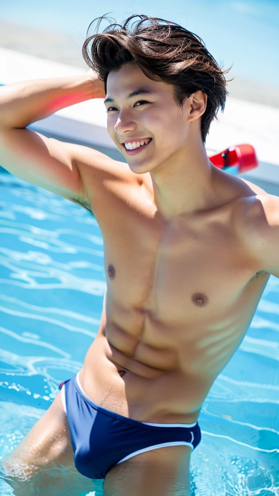 male Age 25 swimwear lifeguard topless smile