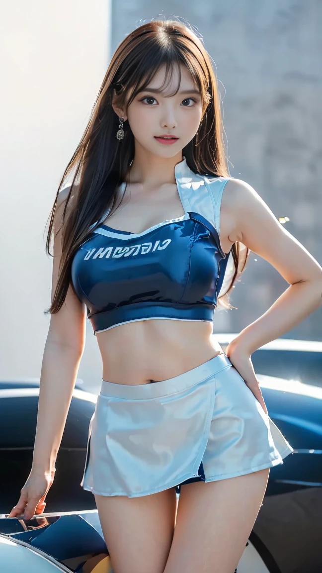 (((masterpiece，Highest quality，Ultra-high resolution)))，(((極めてdetailed，超detailed，detailed)))，(((Highest quality，，16K，super high quality)))，((Japanese，One Girl，Idol))，(Big Breasts，H Cup，Tight waist，Tight ass，length, Thin legs)，(Earrings）、(((Blue metallic and white miniskirt lift))),((Race queens captivate the audience with sexy poses in front of racing cars on the special stage at the car show))，(Giant screen：1.8，Gorgeous Lighting，Effects of dry ice，Light)，Looking into the camera，smile，Seductive gestures，