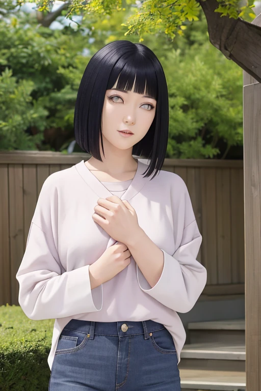 a beautiful young woman named Hinata Hyuga, a 21-year-old kunoichi from the Hyuga clan in Naruto, standing alone wearing a white woolen blouse and new jeans, with full breasts, a pretty face, detailed lips, long purple hair, and a soft, welcoming expression, looking directly at the viewer with a blush on her cheeks, in a super realistic, highly detailed photographic style