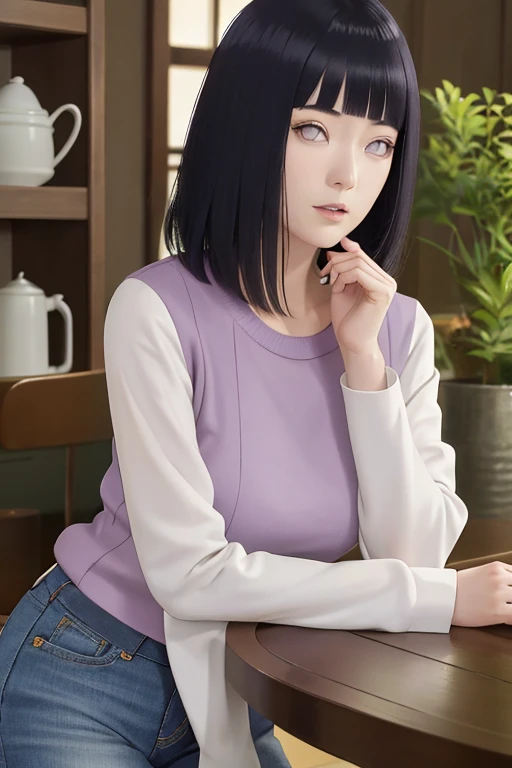 a beautiful young woman named Hinata Hyuga, a 21-year-old kunoichi from the Hyuga clan in Naruto, standing alone wearing a white woolen blouse and new jeans, with full breasts, a pretty face, detailed lips, long purple hair, and a soft, welcoming expression, looking directly at the viewer with a blush on her cheeks, in a super realistic, highly detailed photographic style