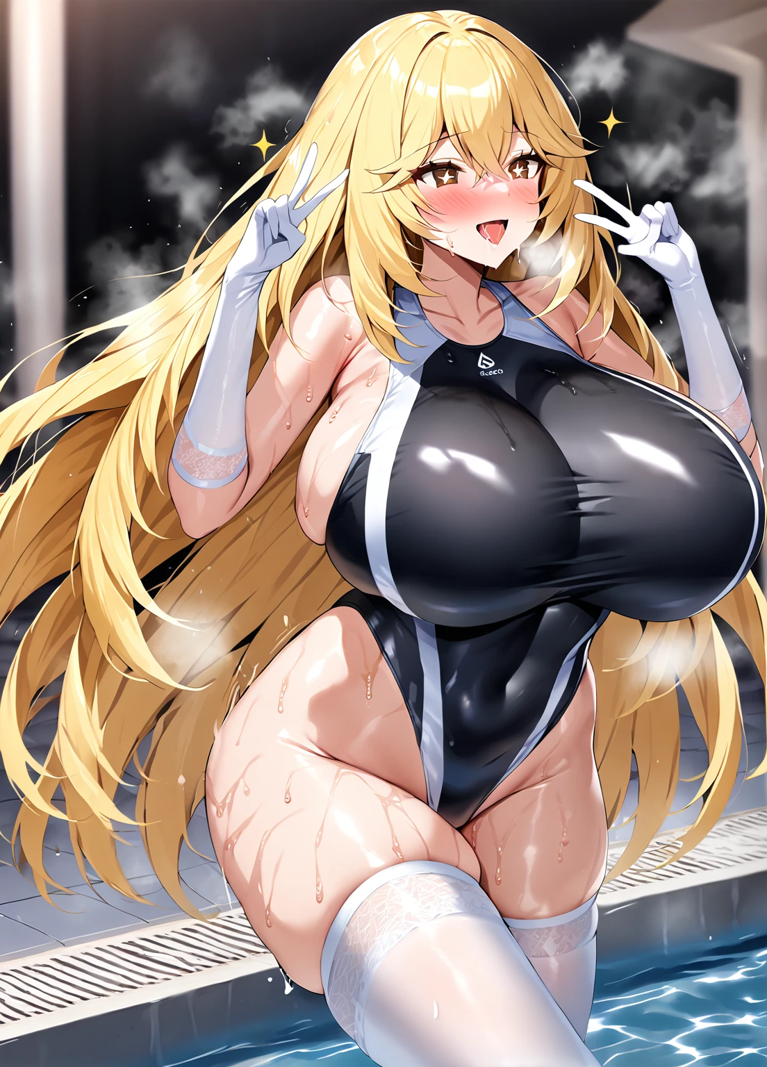 ((score_9, score_8_up, score_7_up, score_6_up,source_anime, BREAK, shokuhou misaki, blonde hair, brown eyes, long hair, hair between eyes, sparkling eyes, 1girl, white thighhighs, white elbow gloves,gigantic breast)),((enamel black high leg Competitive swimsuit)),(Heavy breathing,saliva,blush, sweat, Sweaty and wet all over,Steam,)half open eyes,Peace sign with both hands,Smile,pool side,