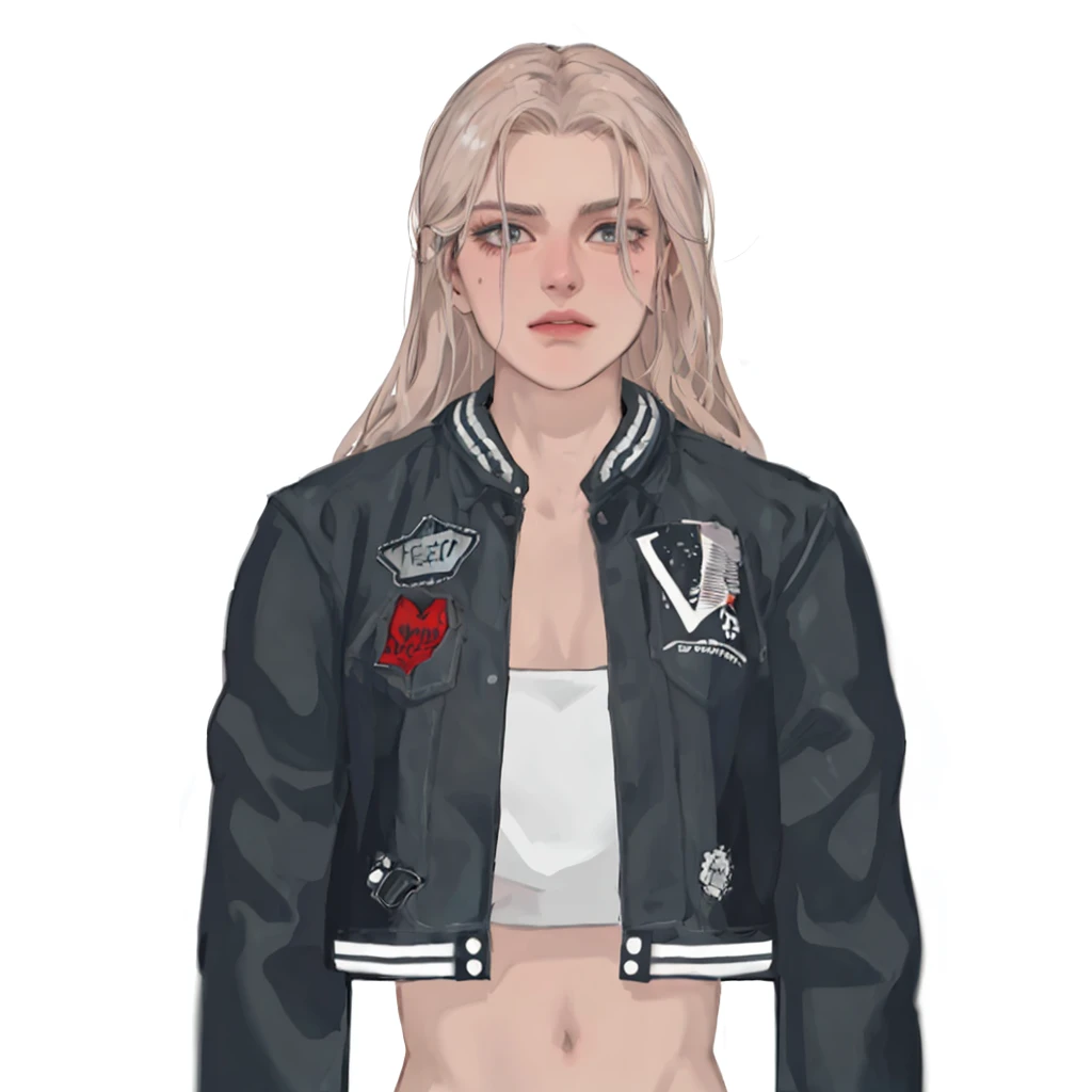 (masterpiece:1.2, best quality), (1women, solo, upper body:1.2),flat face,Hair: buzz cut, Clothing: oversized, distressed denim jacket with patches and pins, paired with black skinny jeans and combat boots, Hanging out in an underground music venue or street art exhibit