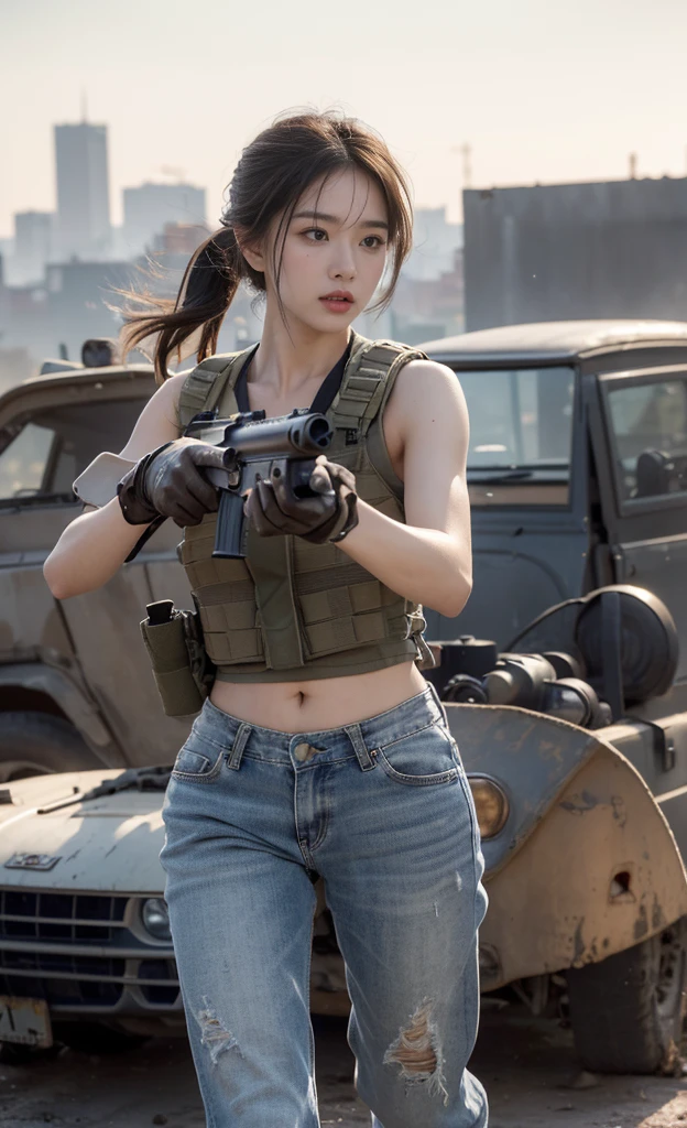 (8K, RAW photos, best quality, high resolution，Ultra-clear details，masterpiece:1.2),(Practical, Practicalな写真:1.4),(Highly detailed CG Unity 8K wallpaper),(Round Face: 1.5), (Fine pupils:1.3),(Unforgettable eyes:1.1),(You have beautiful eyes:1.1),
24 years old, Korean woman, Delicate and beautiful face、Sexy，White skin, You are wearing clothes.s. Hold an assault rifle in both hands，Marines,Bulletproof vest、Backpack、（full-body shot）heavy equipment、 Battles on the battlefield, Strong muscles, World War, Modern war themes,Army girl, running、Assault rifle with precise details, (Hold on to your rifle.: 1.3), (Aim and hold the rifle.: 1.3), Shootout, , car on fire, War Zone,, explode, Burning City, cigarette, Broken Tower, belly button, Gloves, Torn pants, A face stained with mud and blood, Sweating of the skin, Bloody Skin, muddy skin, Declaration of determination, Accurate expression, best quality, 超high resolution, Practicalな, 、Physically Based Rendering(Physically Based Rendering(Physically Based Rendering)), light, complicated, Feeling,像一样柔和的light, Pleasant tone, Battlefield Background, city war background, Practical, Cowboy shooting, Dynamic Angle,, Mahindra Thar, electric wire, 8K!!, 偉大なmasterpiece,, Production: Tom Karafik、Impressive pose