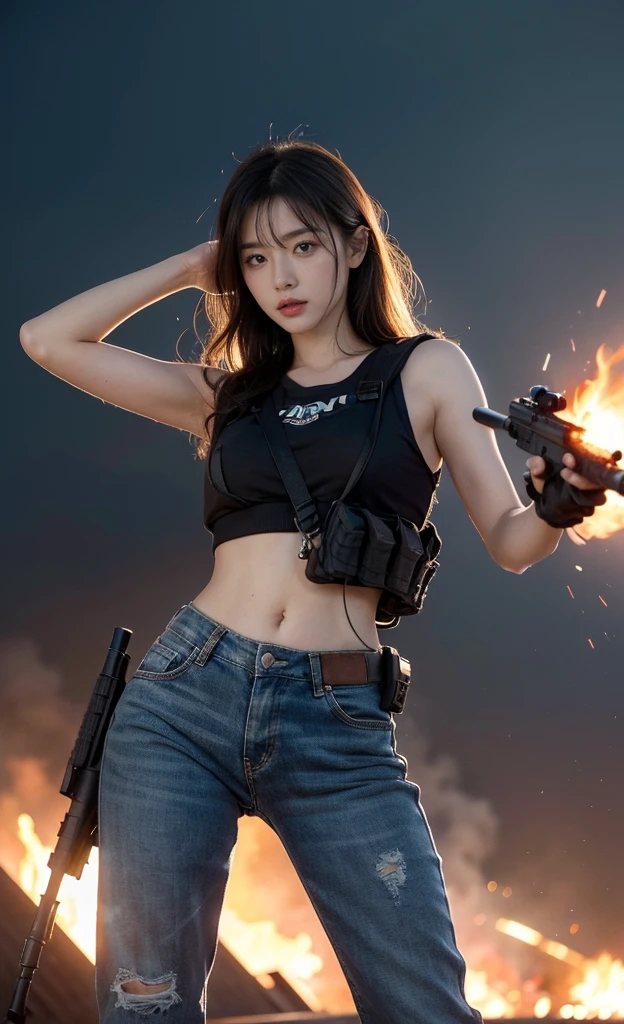 (8K, RAW photos, best quality, high resolution，Ultra-clear details，masterpiece:1.2),(Practical, Practicalな写真:1.4),(Highly detailed CG Unity 8K wallpaper),(Round Face: 1.5), (Fine pupils:1.3),(Unforgettable eyes:1.1),(You have beautiful eyes:1.1),
24 years old, Korean woman, Delicate and beautiful face、Sexy，White skin, You are wearing clothes.s. Hold an assault rifle in both hands，Marines,Bulletproof vest、Backpack、（full-body shot）heavy equipment、 Battles on the battlefield, Strong muscles, World War, Modern war themes,Army girl, running、Assault rifle with precise details, (Hold on to your rifle.: 1.3), (Aim and hold the rifle.: 1.3), Shootout, , car on fire, War Zone,, explode, Burning City, cigarette, Broken Tower, belly button, Gloves, Torn pants, A face stained with mud and blood, Sweating of the skin, Bloody Skin, muddy skin, Declaration of determination, Accurate expression, best quality, 超high resolution, Practicalな, 、Physically Based Rendering(Physically Based Rendering(Physically Based Rendering)), light, complicated, Feeling,像一样柔和的light, Pleasant tone, Battlefield Background, city war background, Practical, Cowboy shooting, Dynamic Angle,, Mahindra Thar, electric wire, 8K!!, 偉大なmasterpiece,, Production: Tom Karafik、Impressive pose