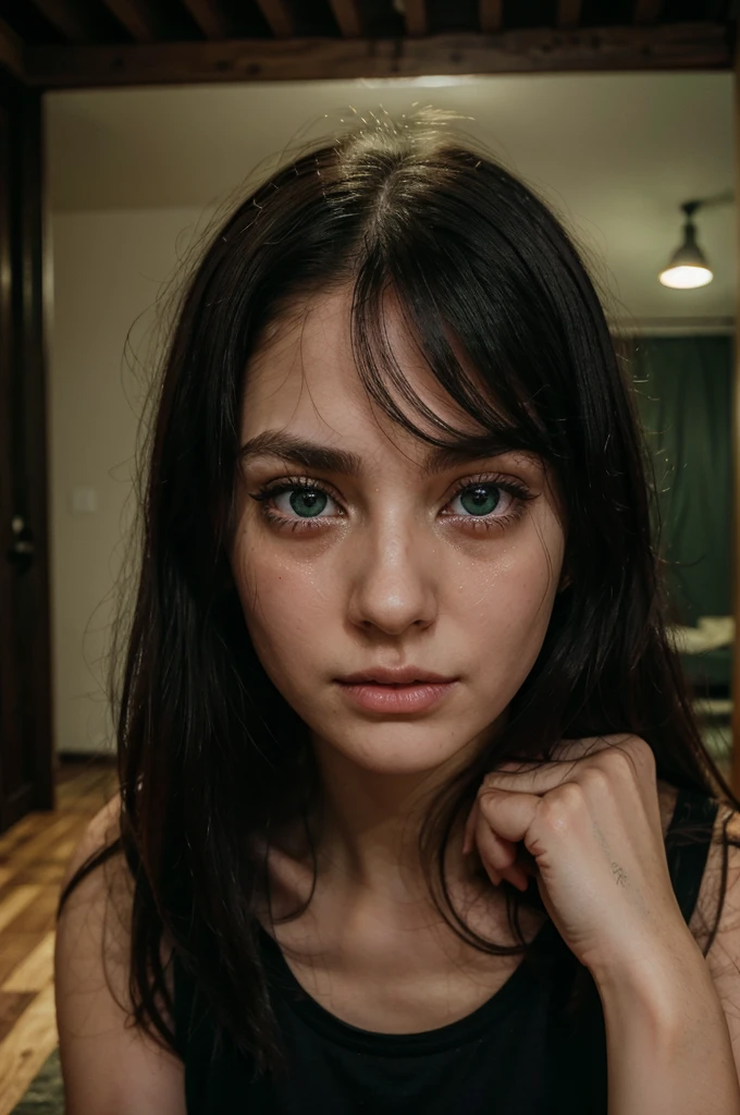 A black-haired girl a little messy her black hair, crying eyes, teary green eyes, tirada en el wooden floor, wooden floor, fine facines, large eyes, green look, scary face, his body covered by a black shirt, wearing a black shirt, in the background a dark room, a night room,pale skin, pale skin, detailed, better quality, tears come out of her green eyes, dark room, dark room, red eyes, pink cheeks, Long straight hair, destroyed, blushing cheeks