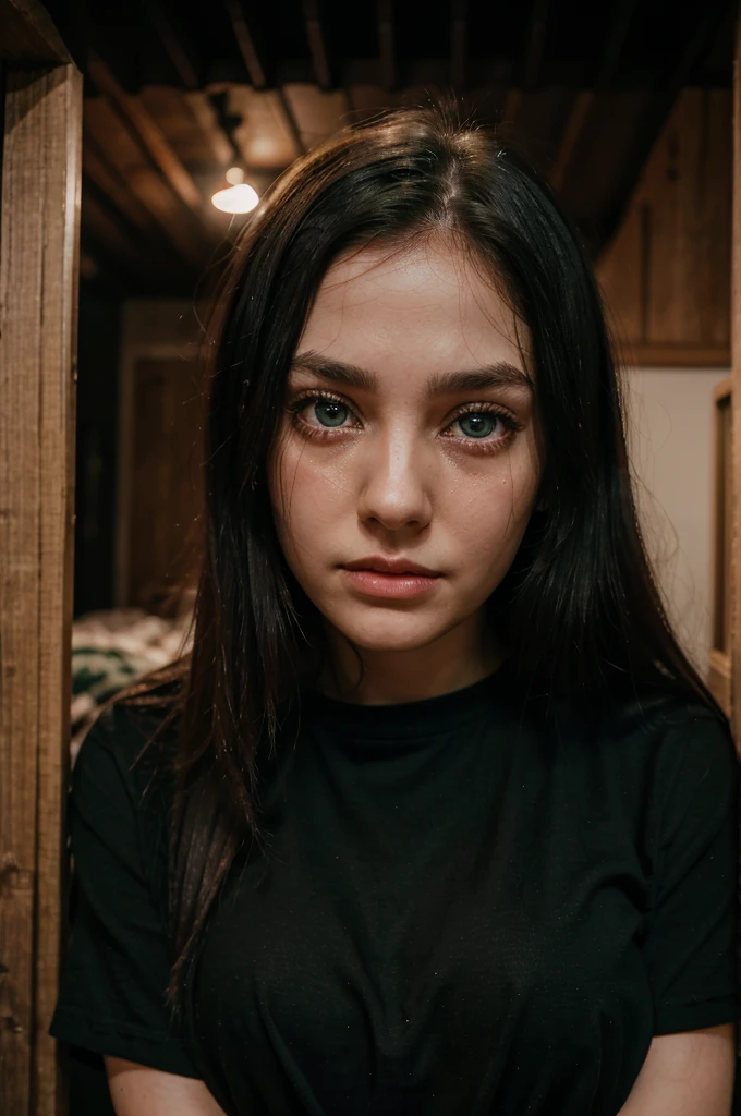 A black-haired girl a little messy her black hair, crying eyes, teary green eyes, tirada en el wooden floor, wooden floor, fine facines, large eyes, green look, scary face, his body covered by a black shirt, wearing a black shirt, in the background a dark room, a night room,pale skin, pale skin, detailed, better quality, tears come out of her green eyes, dark room, dark room, red eyes, pink cheeks, Long straight hair, destroyed, blushing cheeks