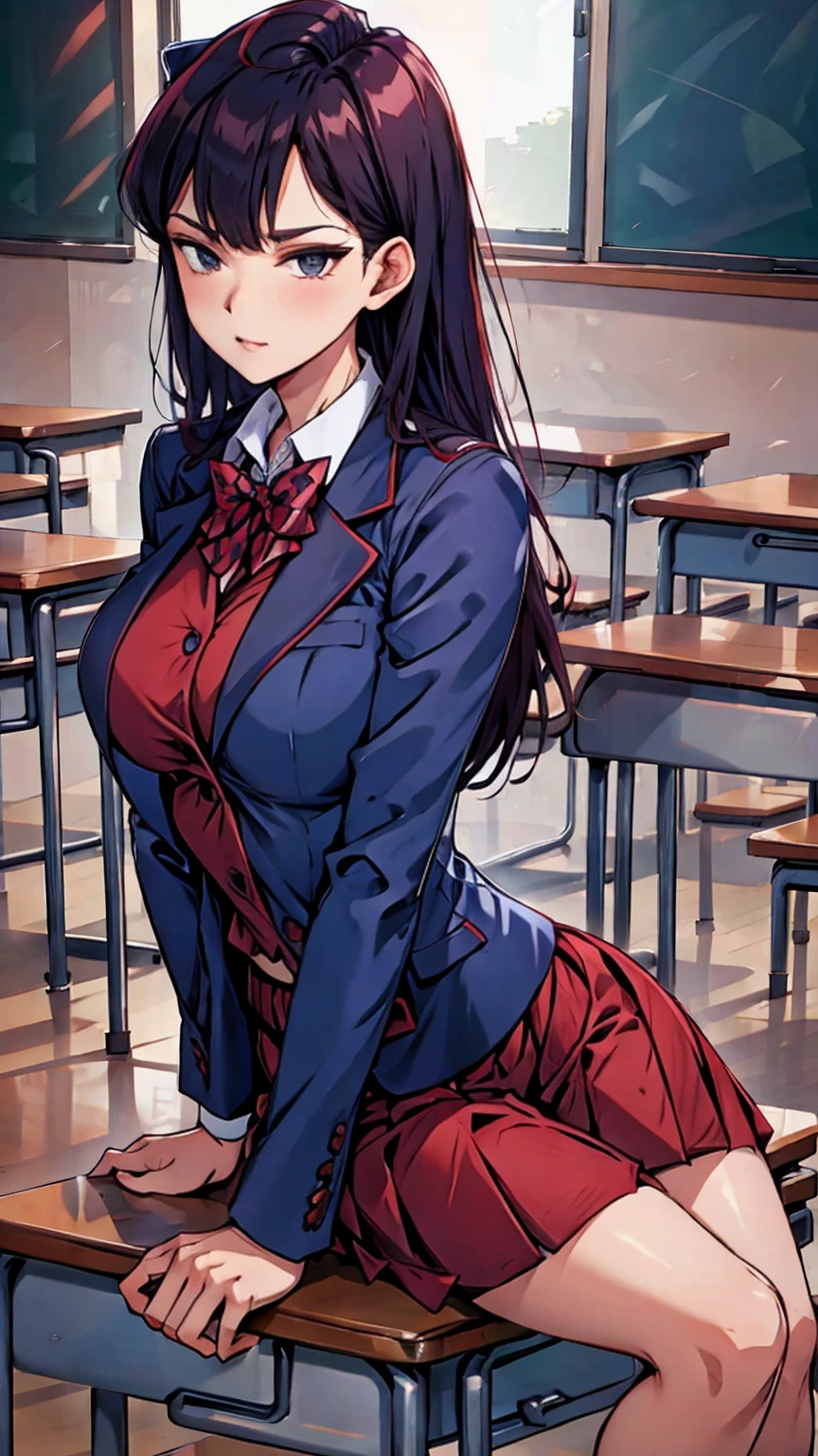 komi shouko,red shirt,navy blue blazer,sit, classroom,high quality,4k,