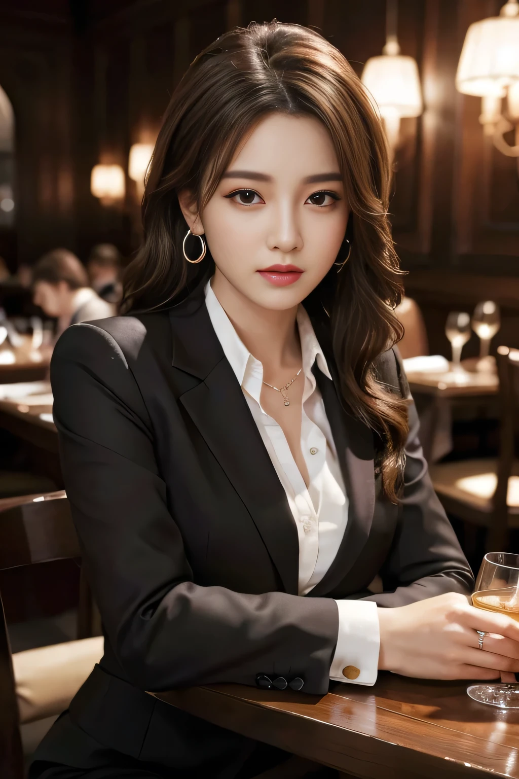 masterpiece, Highest quality, Realistic, Very detailed, Finer details, High resolution, 8k wallpaper, One beautiful woman, Wear a nice suit, In a great restaurant, At night, Light brown messy hair, Perfect dynamic composition, Beautiful and beautiful eyes、Big earrings、Sit on a chair、