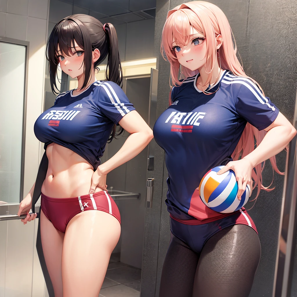 anime girl,medium breasts,muslos grandes,with volleyball clothes,in the bathroom,changing,blush