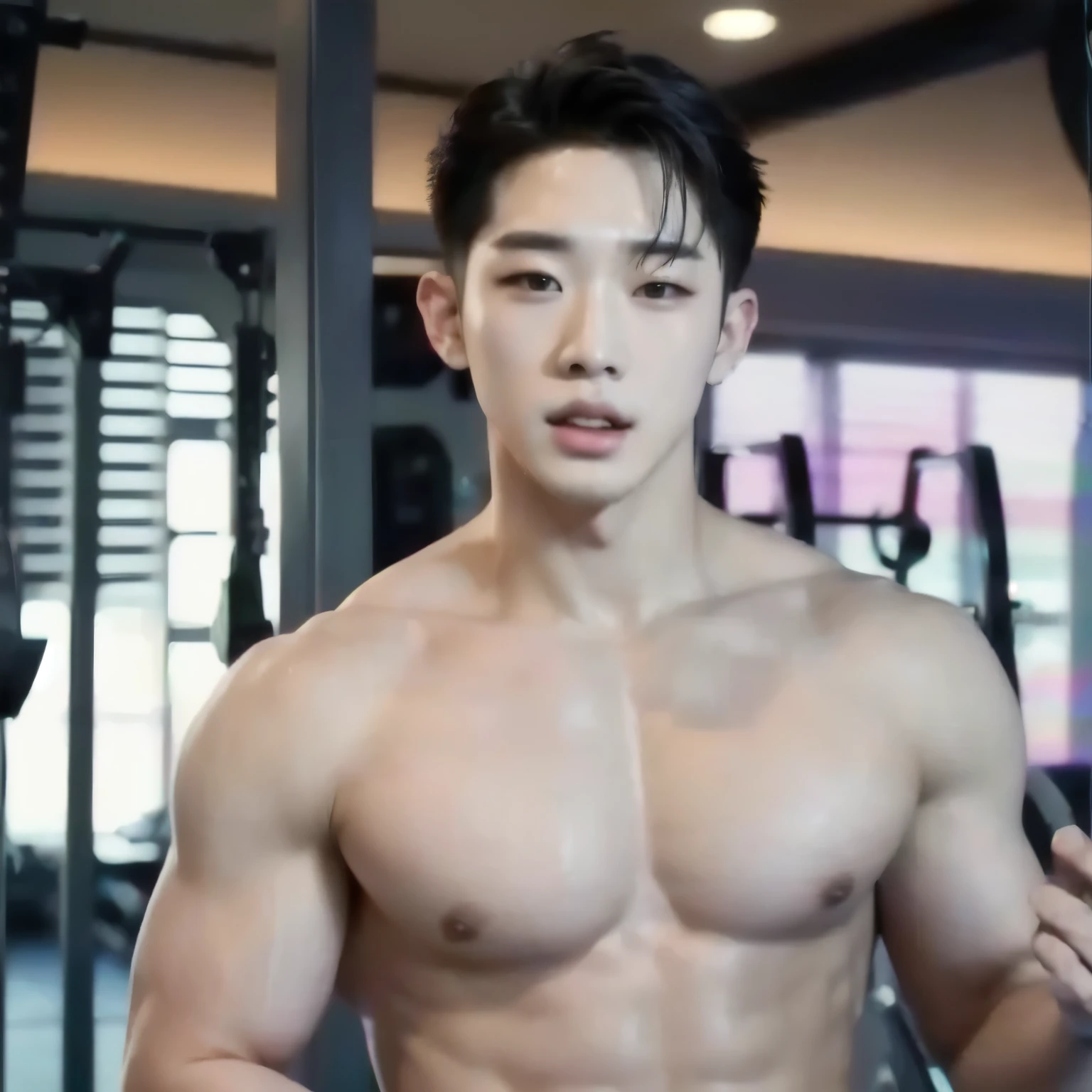 Man arafed in a gym shirtless and shirtless., korean muscle boy 2 1 years, south korean man, cai xukun, jinyoung shin, Yanjun Chengt, who is siwoo, perfect body, muscular!!, shirtless, bare chest, with abs, handsome chad chin, strong chest, kim taejin, lee wonbin monstax wonho, wonho, wonho, lee wonho, doll face, big pecs,