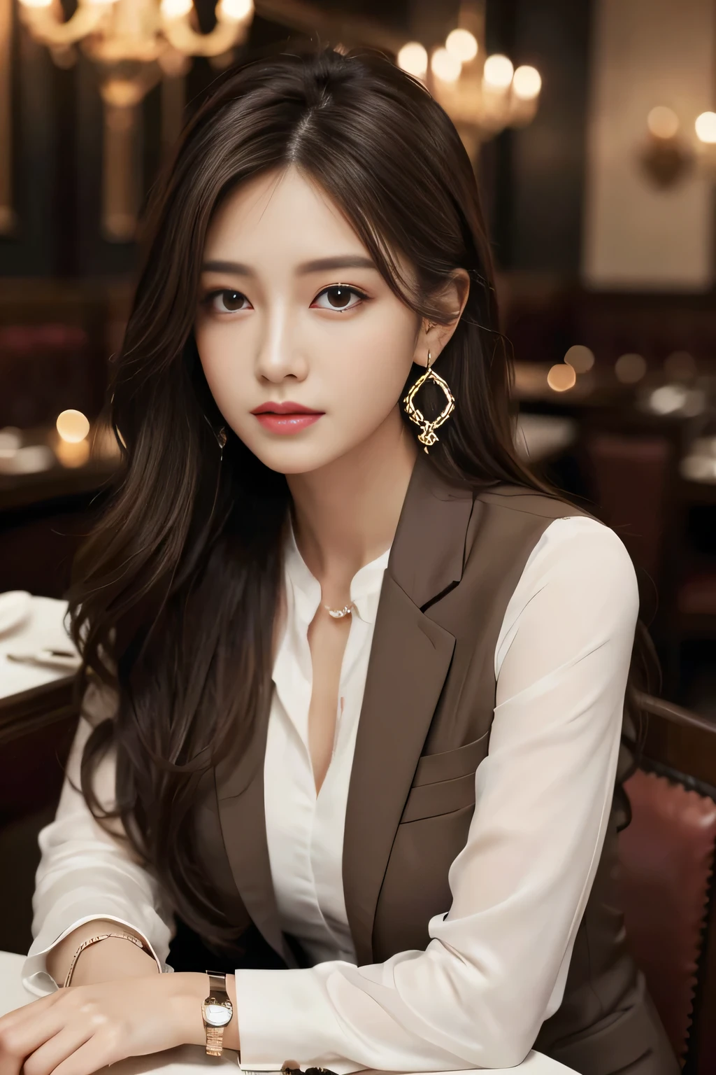 masterpiece, Highest quality, Realistic, Very detailed, Finer details, High resolution, 8k wallpaper, One beautiful woman, Wear a nice suit, In a great restaurant, At night, Light brown messy hair, Perfect dynamic composition, Beautiful and beautiful eyes、Big earrings、Sit on a chair、