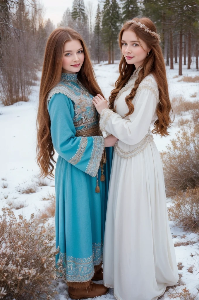 A gorgeous, pretty, shiny, kind-hearted, warm-hearted, sweet, polite, sensitive, friendly, charming, graceful, stylish, classy, alluring, majestic, ethereal, angelical ginger long haired russian woman dressed in traditional folk winter costumes. She's with a little cute girl..