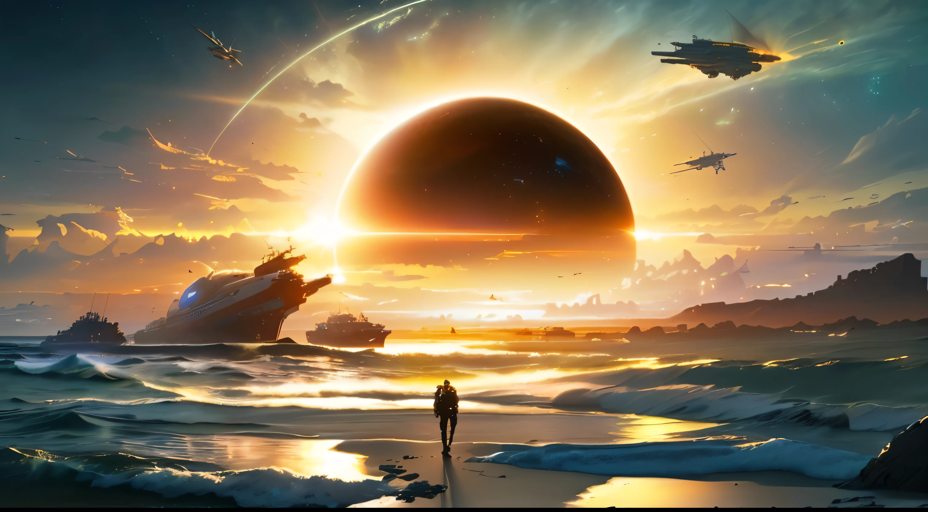 A man standing on the beach，Gazing at the huge sun, Art of Destiny, Destiny concept art, sunset on distant machine planet, 8k stunning artwork, buzzer, artgem and beeple masterpieces, jessica rossier fantasy art, beeple and tim hildebrandt, Avoid hummingbirds, Sci-fi fantasy wallpaper，Damaged Battleship，Broken aircraft cannon