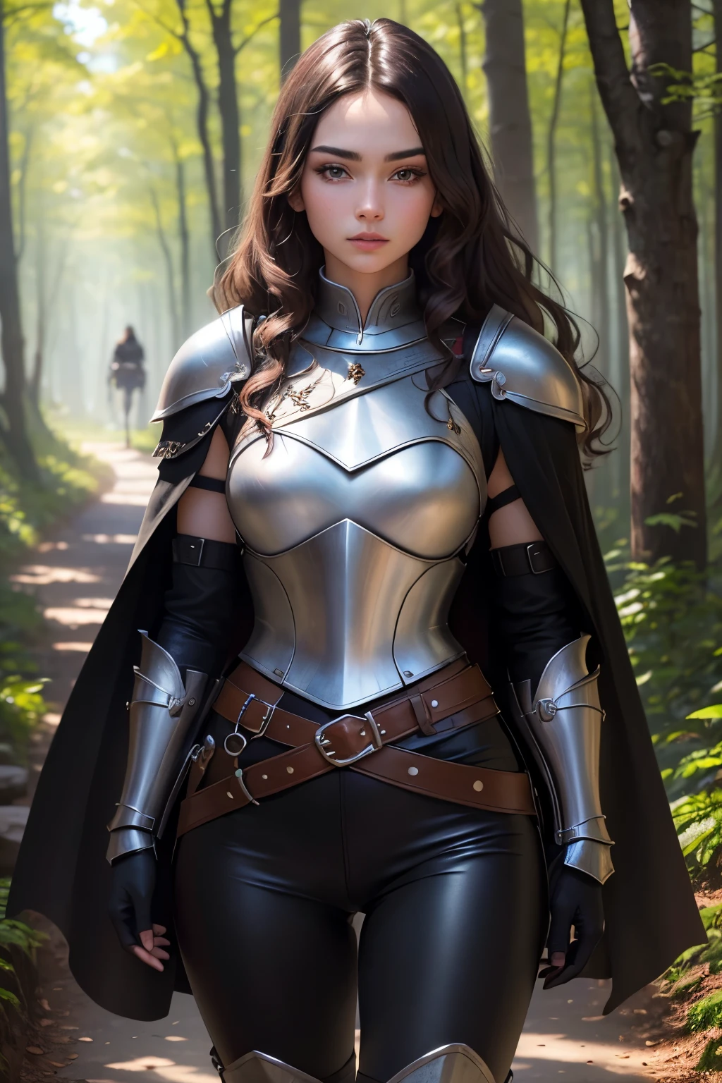 ((best quality)), ((masterpiece)), (detailed), Prize-winning works, with incredible details, maximum textures and details, uhd ,super resolution , 1 portrait of an adventurous brunette warrior fantasy girl ,beautiful  face, standing on a path in a magical forest, developing long hair, wavy, wearing medieval black armor  ,black gauntlets and gloves, black breastplate,black pants, black belts ,black long cape ,fully body (15 year old young man :1.1,detailedeyes, face detailed, whole body:1.1,the background is a forest ),(best qualityer:1.2,ultra detali:1.1,realisitic:1.37) ,eyeshadows,sharp focus,swirly vibrant colors,), (twilight), 8K