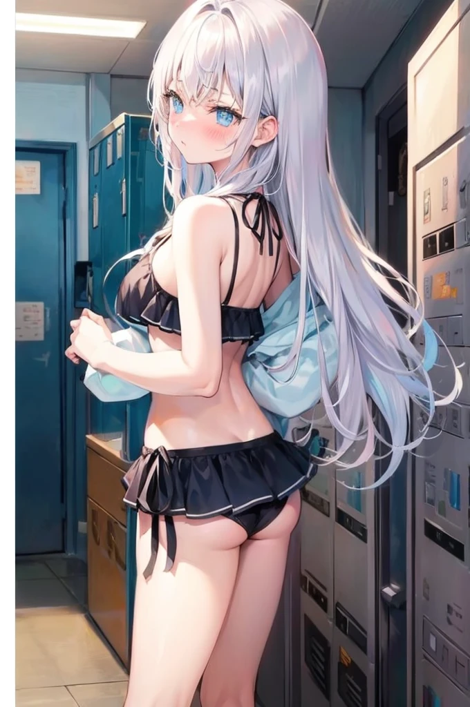 エロいBikini、Random pose、Adult bikini、Wet、Silver Hair、Pale blue eyes、Semi-long hair、学校のlocker room、locker room、Blushing、Embarrassed、Bikini、