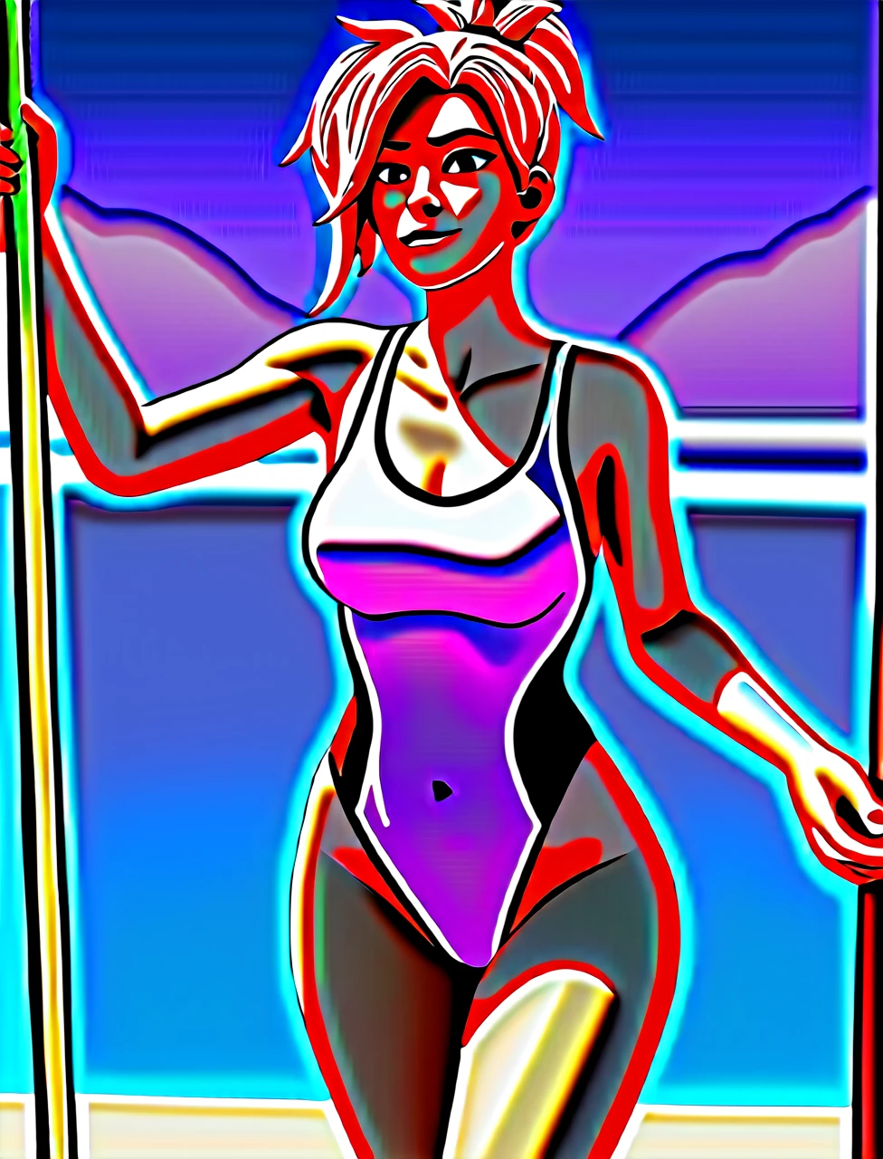 score_9,score_8_up,score_7_up,score_6_up ,source_overwatch score_9, score_8_up, score_7_up,  1woman, solo, mercy \(overwatch\), wearing a swimsuit, high quality, hands on railing, swimming pool, coming out of the water, wet body, shoulder length long open hair, the hair is full and touches the shoulders on both sides