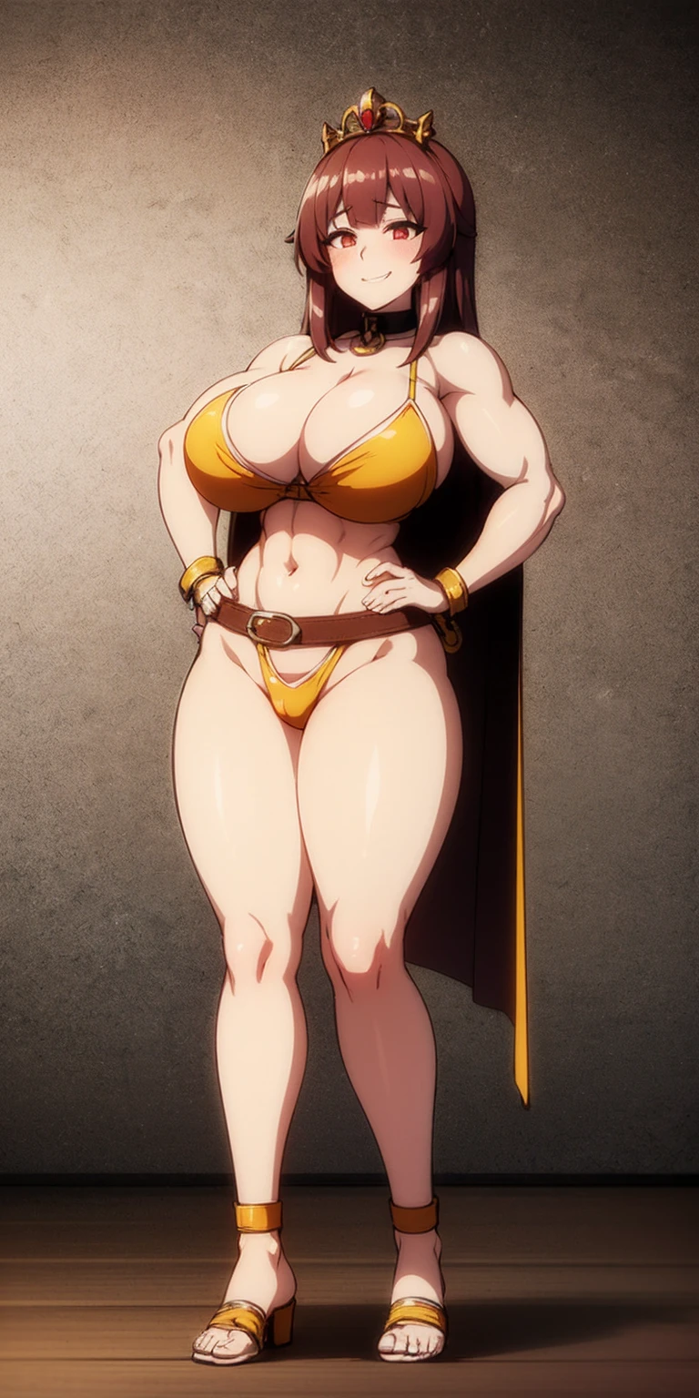 ((BLACK BACKGROUND,1:2, masterpiece)) full body MILF BIMBO standing with two long thighs and two metal sandals, red eyes, two-tone hair, brown hair, silver white hair, short bob style hair, big breasts, cleavage, separate sleeves, tiara royal, long cape up to two feet, yellow bikini, hands on waist, navel, toned body, lustful smirking smiling, smile face (red blushed, red cheeks), metal shoulders, gold sleeveless armbands, black leather choker slave collar (leather choker with big golden bell), shackle bracelets, red crest, pauldrons, breastplate, leather corset, eye focus, full body, whole body, 1solo, loincloth standing, hands on hips, big belt, view from below, feet together, bracers, tiara)