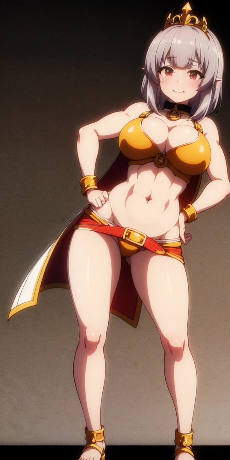 ((BLACK BACKGROUND,1:2, masterpiece)) full body MILF BIMBO standing with two long thighs and two metal sandals, red eyes, two-tone hair, brown hair, silver white hair, short bob style hair, big breasts, cleavage, separate sleeves, tiara royal, long cape up to two feet, yellow bikini, hands on waist, navel, toned body, lustful smirking smiling, smile face (red blushed, red cheeks), metal shoulders, gold sleeveless armbands, black leather choker slave collar (leather choker with big golden bell), shackle bracelets, red crest, pauldrons, breastplate, leather corset, eye focus, full body, whole body, 1solo, loincloth standing, hands on hips, big belt, view from below, feet together, bracers, tiara)
