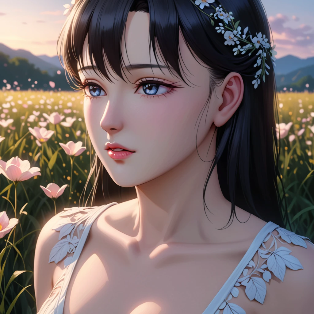 a beautiful korean idol woman, beautiful detailed eyes, beautiful detailed lips, extremely detailed eyes and face, longeyelashes, mature:1.3, sensual, seductive dress, open field of flowers, soft cinematic lighting, dusk outdoor scene, depth of field, (best quality,4k,8k,highres,masterpiece:1.2),ultra-detailed,(realistic,photorealistic,photo-realistic:1.37)