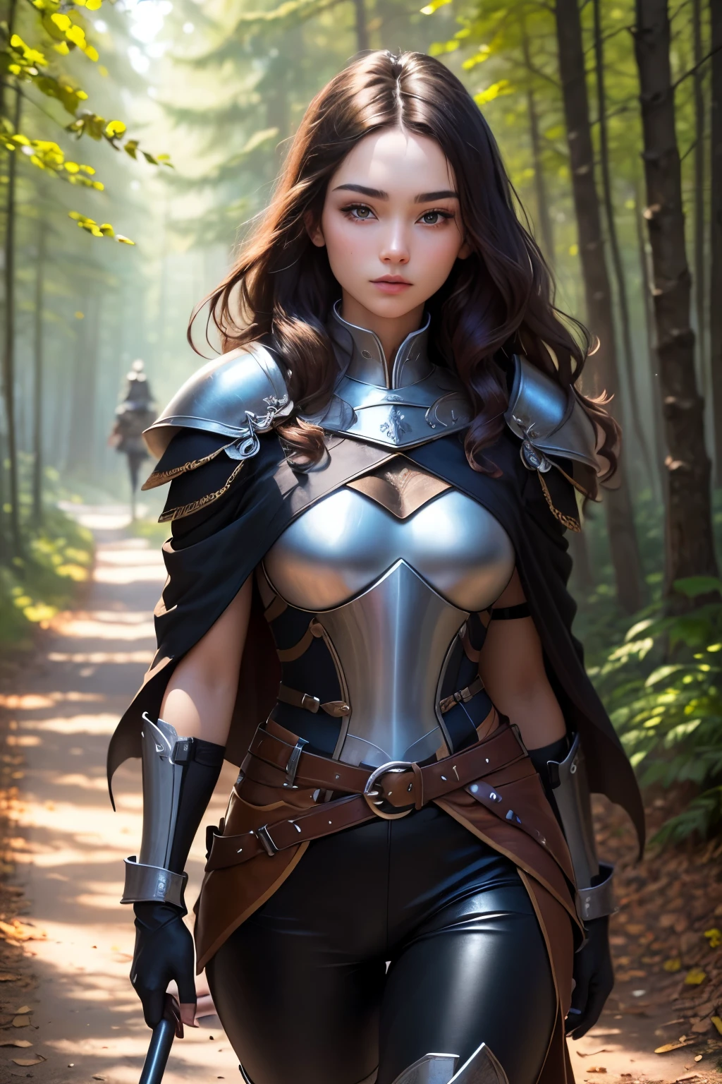 ((best quality)), ((masterpiece)), (detailed), Prize-winning works, with incredible details, maximum textures and details, uhd ,super resolution , 1 portrait of an adventurous brunette warrior fantasy girl ,beautiful face, standing on a path in a magical forest, developing long hair, wavy, wearing medieval black armor ,black gauntlets and gloves, black breastplate black leather,black pants, black belts ,black long cape ,fully body (15 year old young man :1.1,detailedeyes, face detailed, whole body:1.1,the background is a forest ),(best qualityer:1.2,ultra detali:1.1,realisitic:1.37) ,eyeshadows,sharp focus,swirly vibrant colors,), (twilight), 8K