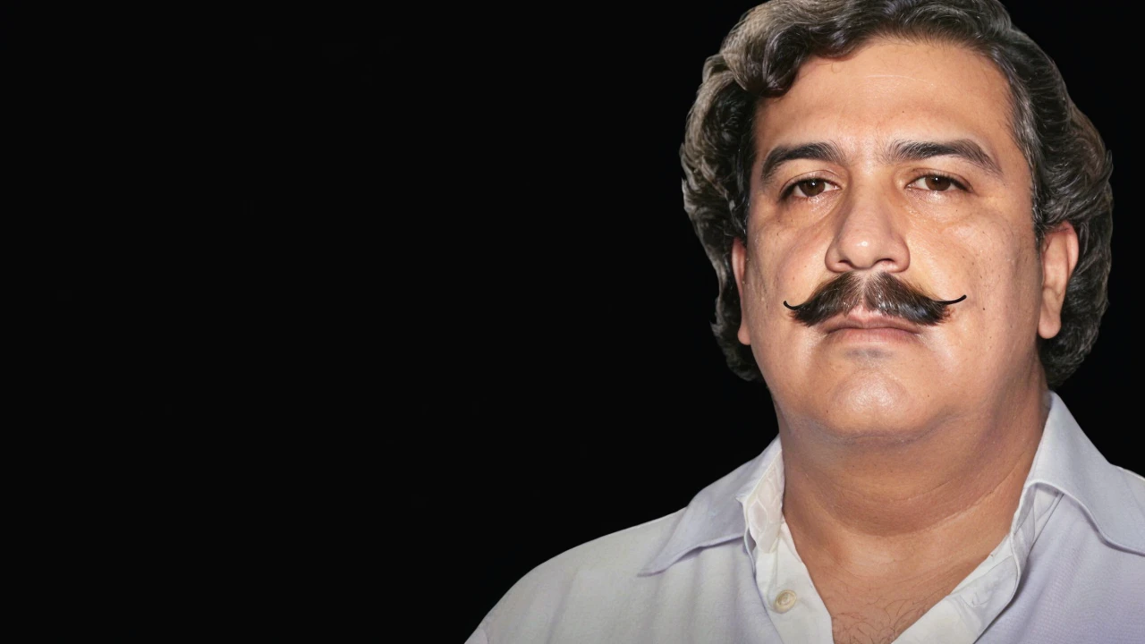 angry man with a mustache and a shirt, Mexican mustache, mexico, profile shot, promotional image, Official photo, bigger chin, Pablo Escobar, Drug lord, A stern man